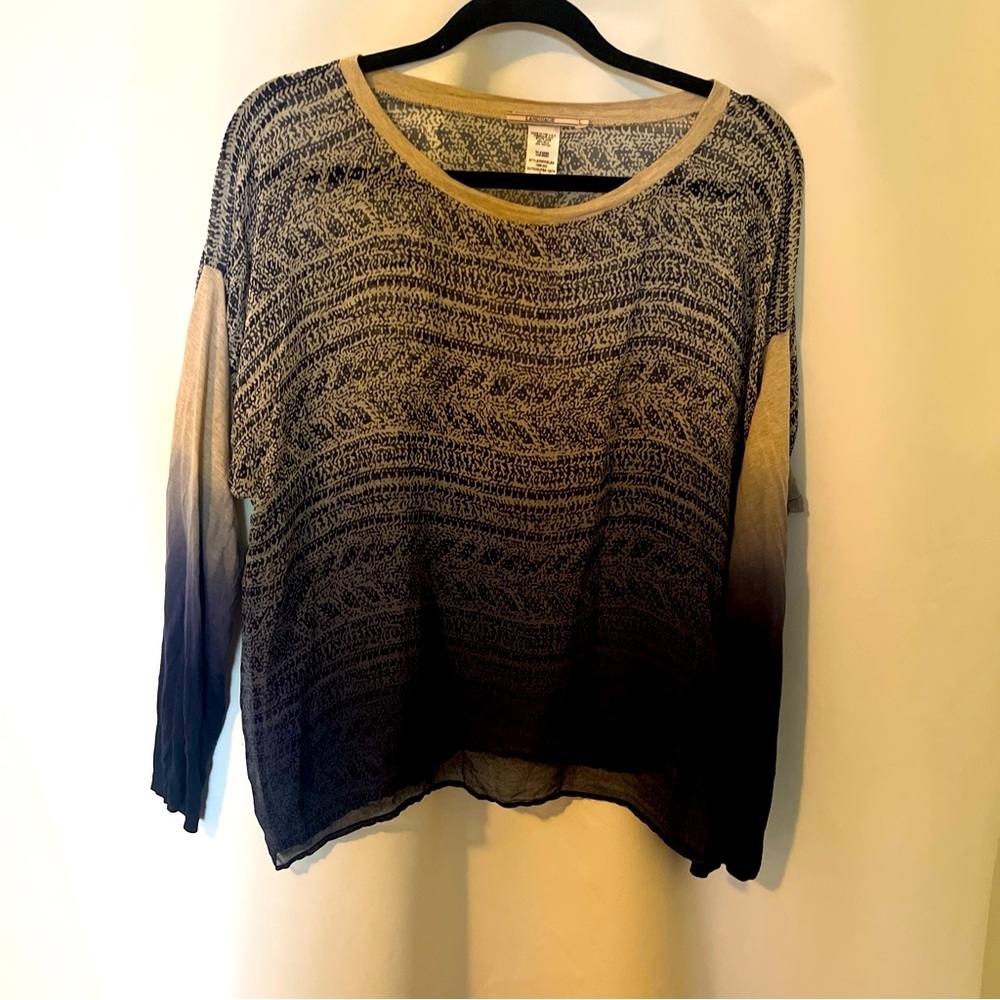 Language Silk Blouse Long Sleeve L, elegant blue/ grey print